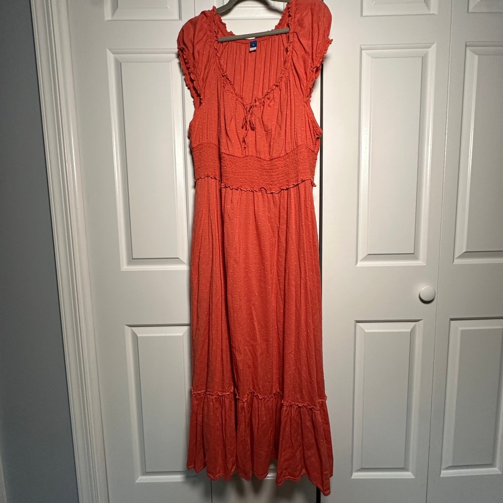 Old Navy Women XL Coral Orange Clip Dot Smocked Waist Tiered Ruffle Maxi Dress